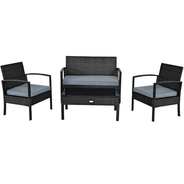 WELLFOR 4-Piece Wicker Patio Conversation Set with Gray Cushions