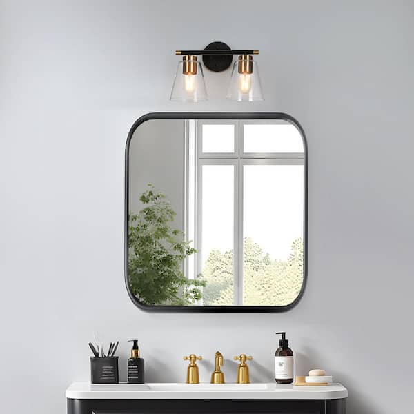 14 in. 2-Light Black and Gold Powder Room Wall Sconce, Transitional Modern Bathroom Vanity Light with Clear Bell Glass