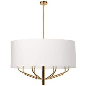 Eleanor 8 Light Aged Brass Shaded Chandelier with White Fabric Shade