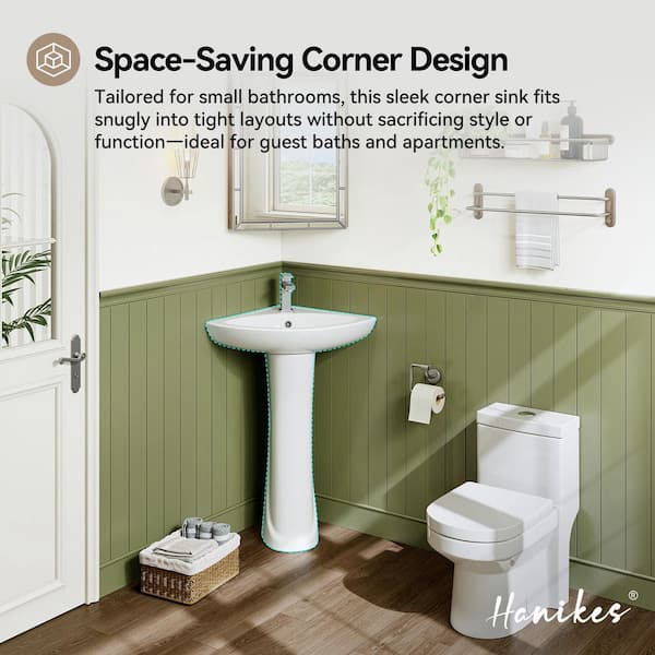 22.83 in. W x 19 in. D Corner Vitreous China Bathroom Pedestal Sink in White with Single Faucet Hole and Overflow