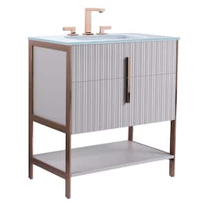 30 in. W x 18 in. D x 33.5 in. H Bath Vanity in Bright Taupe with Glass Vanity Top in White With Gold Hardware