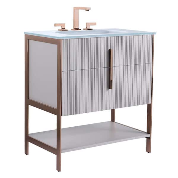 FINE FIXTURES 30 in. W x 18 in. D x 33.5 in. H Bath Vanity in Bright Taupe with Glass Vanity Top in White With Gold Hardware