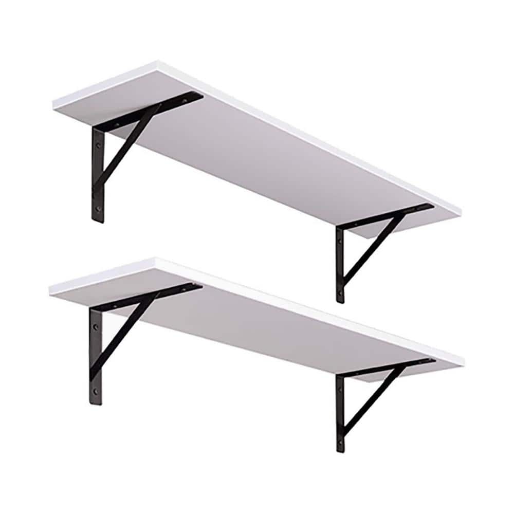 White Wood Floating Wall Shelves with Black Brackets, Set of 2