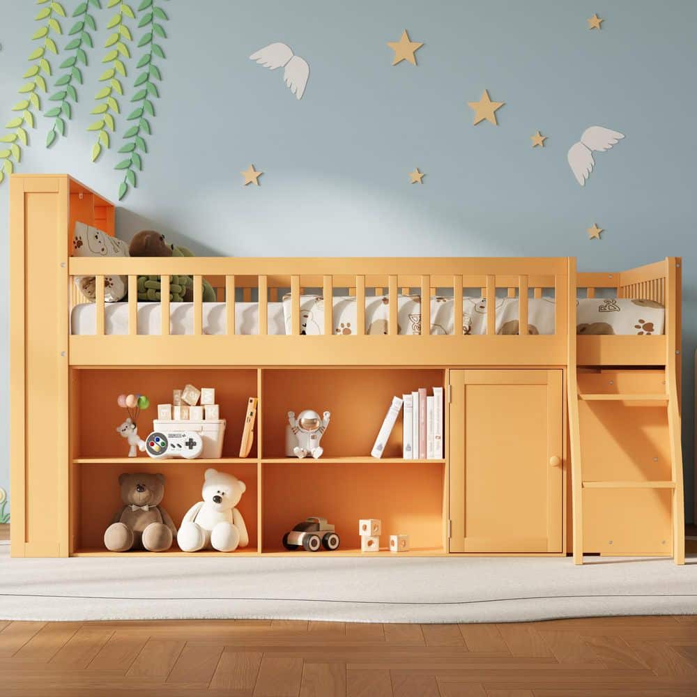 Natural Queen Wood Loft Bed with Storage, Headboard with LED Light