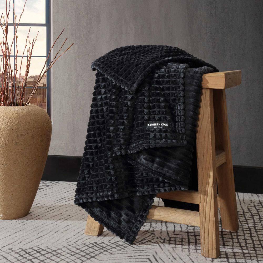 Kenneth Cole Black Textured Plush Reversible Throw Blanket