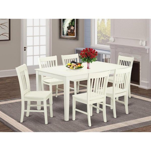 7-Piece Linen White Finish Solid Wood Top Dining Table with 6 Chairs with Lattice Back