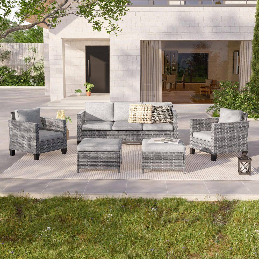 5-Piece Outdoor Patio Conversation Set Widened Back and Arm Grey Rattan 3-Seat Sofa 2-Ottomans, Linen Grey price history on PriceWatchPro
