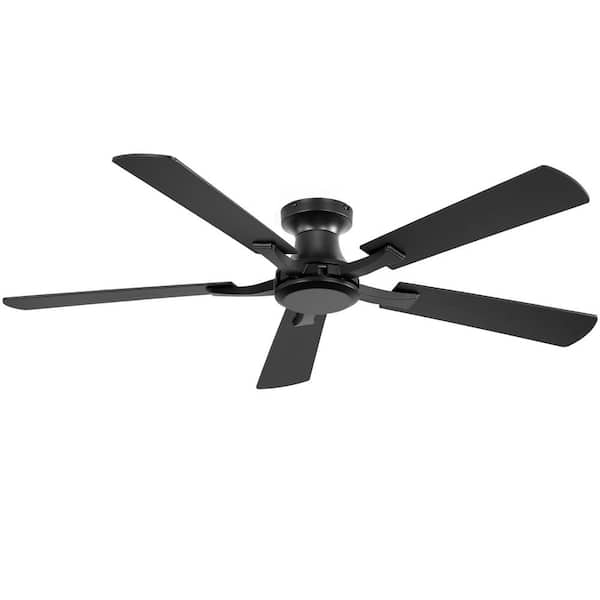52 in. Quiet 6-Speed Low Profile Black Standard Flush Mount Ceiling Fan No Lights with Remote Control for Bedroom