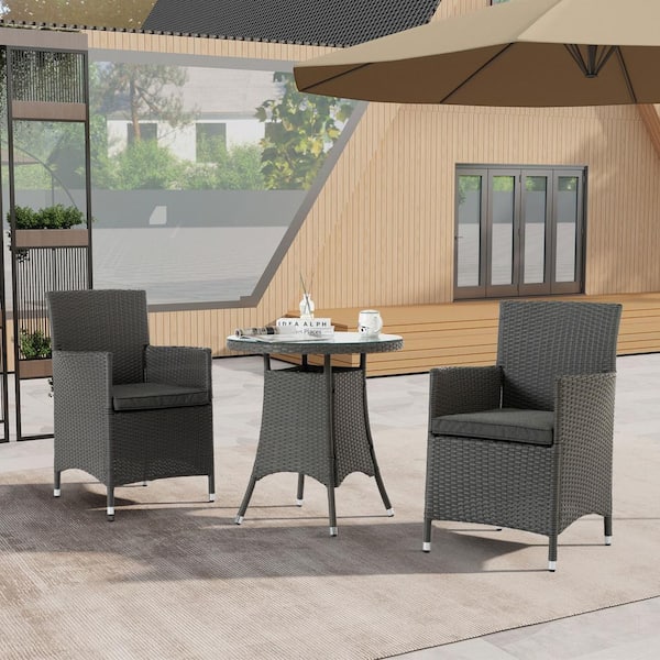 JimsMaison 3-Piece Wicker Outdoor Dining Set with Grey Cushions