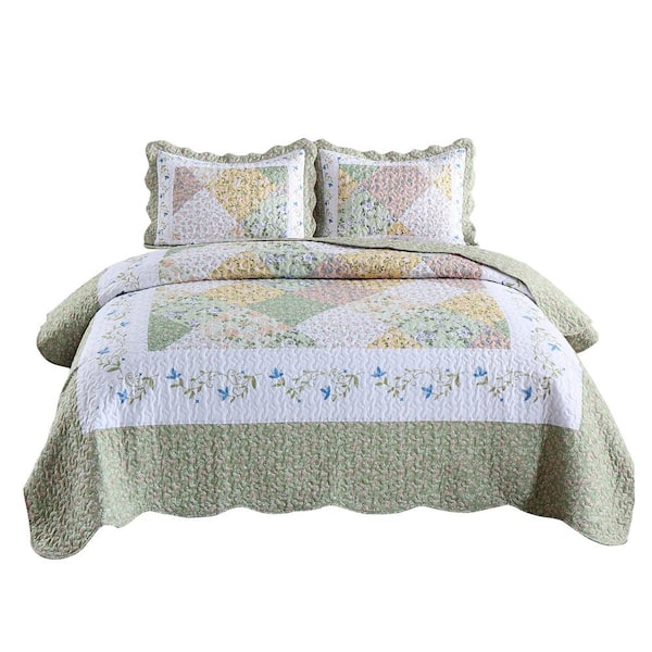 MarCielo B029 Printed 3-Piece Smoke Green Floral Polyester King Size Lightweight Quilt Set