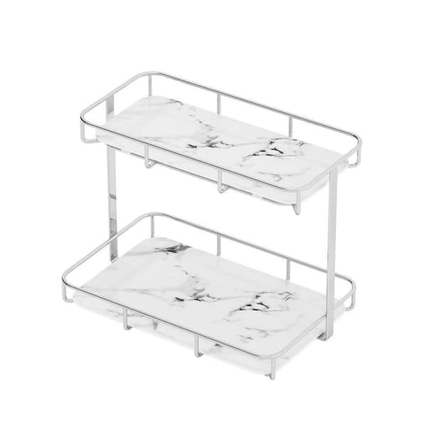 2 Tier Countertop Vanity Organizer in Sliver Stainless Steel and White Marble for Bathroom Cosmetic, Perfume Storage
