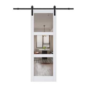 30 in. x 84 in. 3-Lite Mirrored Glass White Finished Solid Core MDF Barn Door Slab with Barn Door Hardware Kit
