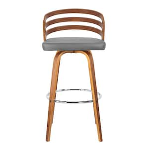 Jayden 26 in. Grey Faux Leather with Walnut Veneer Mid-Century Swivel Counter Height Bar Stool