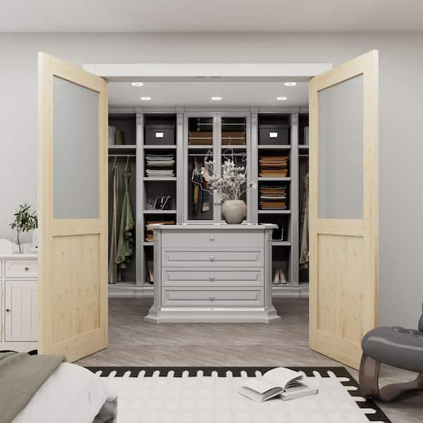 60 in. x 80 in. 1/2Lite Frosted Glass Unfinish Pine Solid Wood French Door without Jamb Double Door Slab with Ball Catch