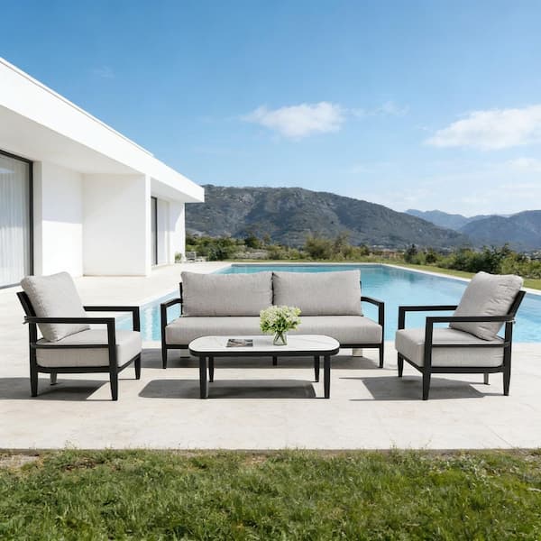 Ember Black 4-Piece Aluminum Outdoor Sectional Set with Sunbrella Cast Silver Gray Cushions for Patio Garden