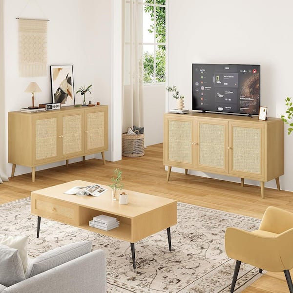 Lirago Natural 47 in. Display Cabinet with 3 Rattan Doors, Kitchen Storage Cabinet