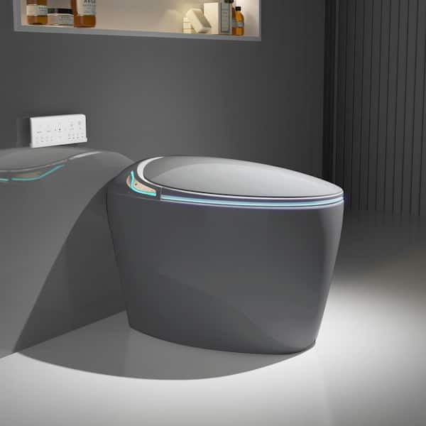 Elongated Oval Design Tankless Bidet Toilet 1.28 GPF in Gray with Auto Open/Close Lid, Warm Air Drying