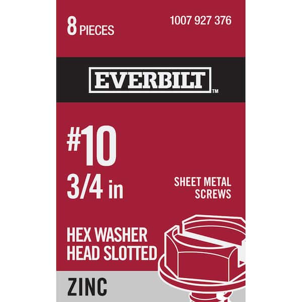 Everbilt #10 x 3/4 in. Slotted Hex Head Zinc Plated Sheet Metal Screw (8-Pack)