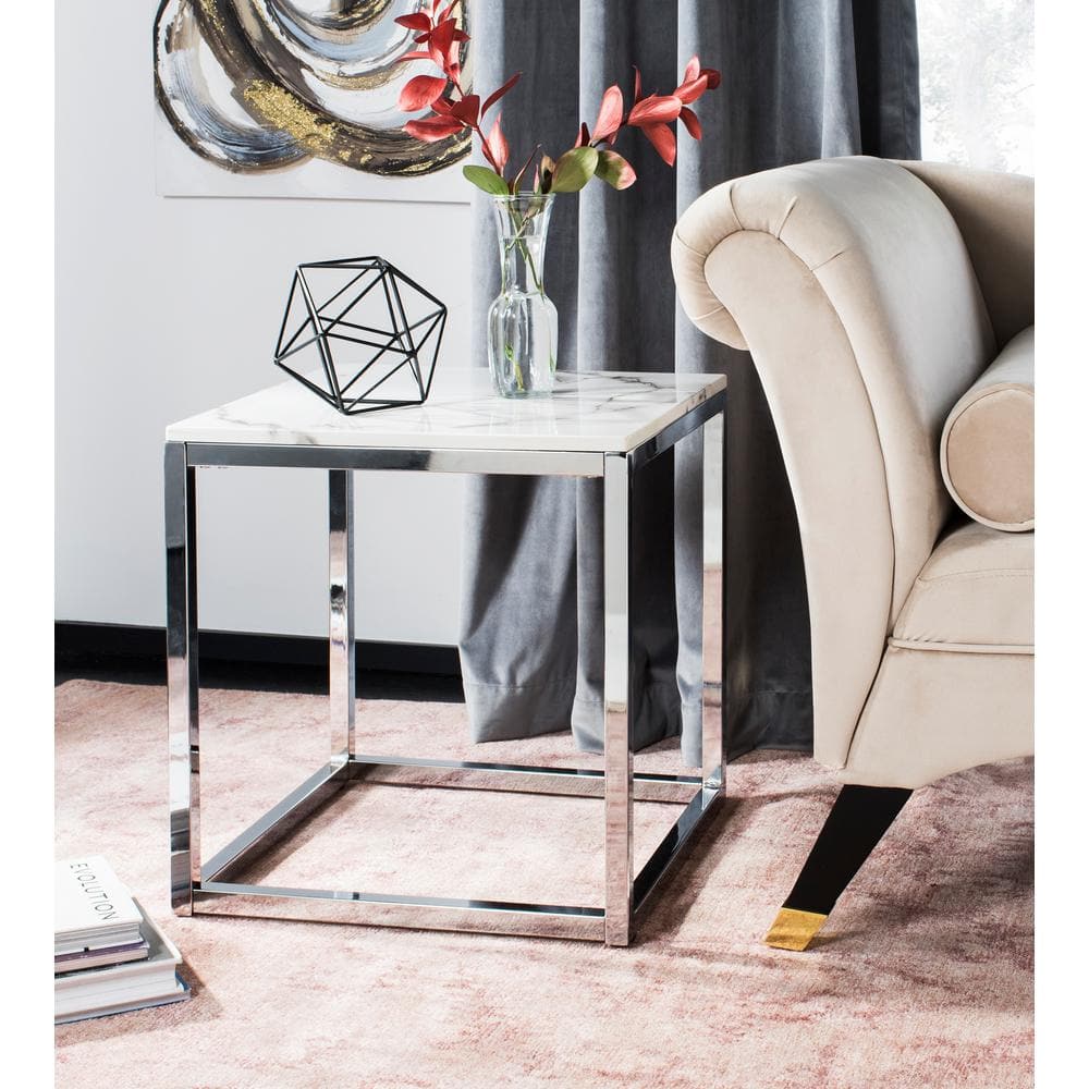 Bethany 20" White Marble and Chrome Square End Table