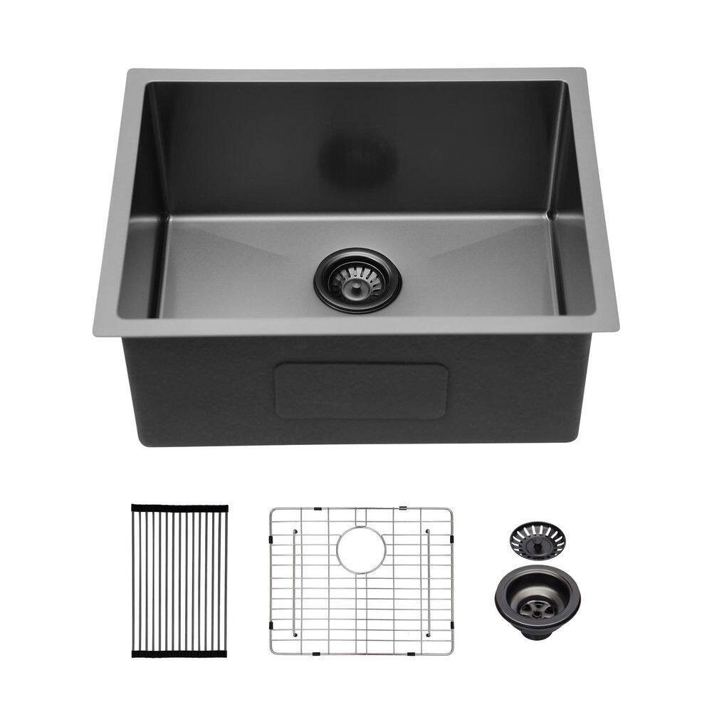 23 in. Undermount Single Bowl 18-Gauge Gunmetal Black Stainless Steel Kitchen Sink with Bottom Grids -  Qidian, LI1243P262126