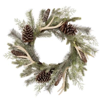 24 in. D Flocked Pinecone and Antler Wreath