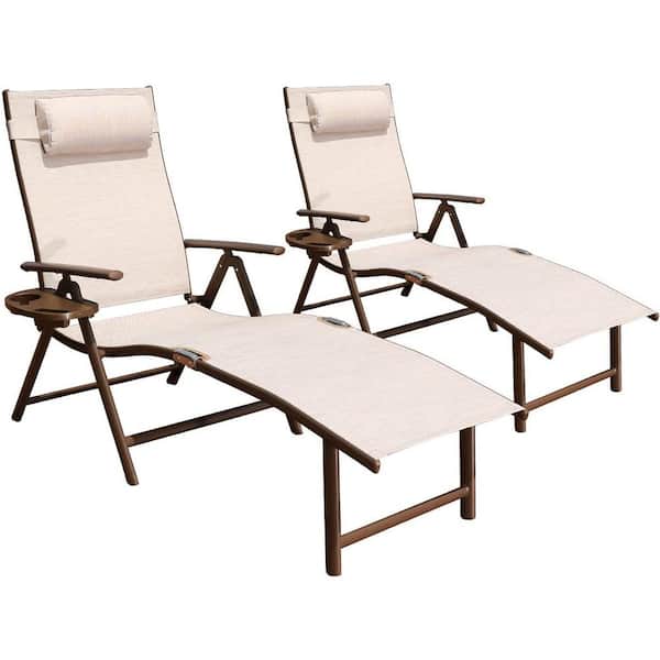 Tatayosi Beige Portable Outdoor Aluminum Lounge Chair with Pillow (2-Pack)