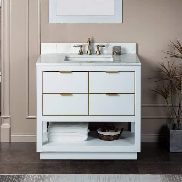 WOODBRIDGE Venice 43 in.W x 22 in.D x 38 in.H Bath Vanity in White with Engineered stone Vanity Top in Fish Belly with White Sink