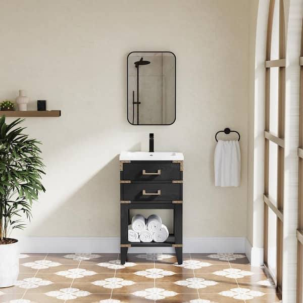 20 in. Solid Wood Black Oak Bath Vanity with White Acrylic Top, 2-Drawers, Soft Closing