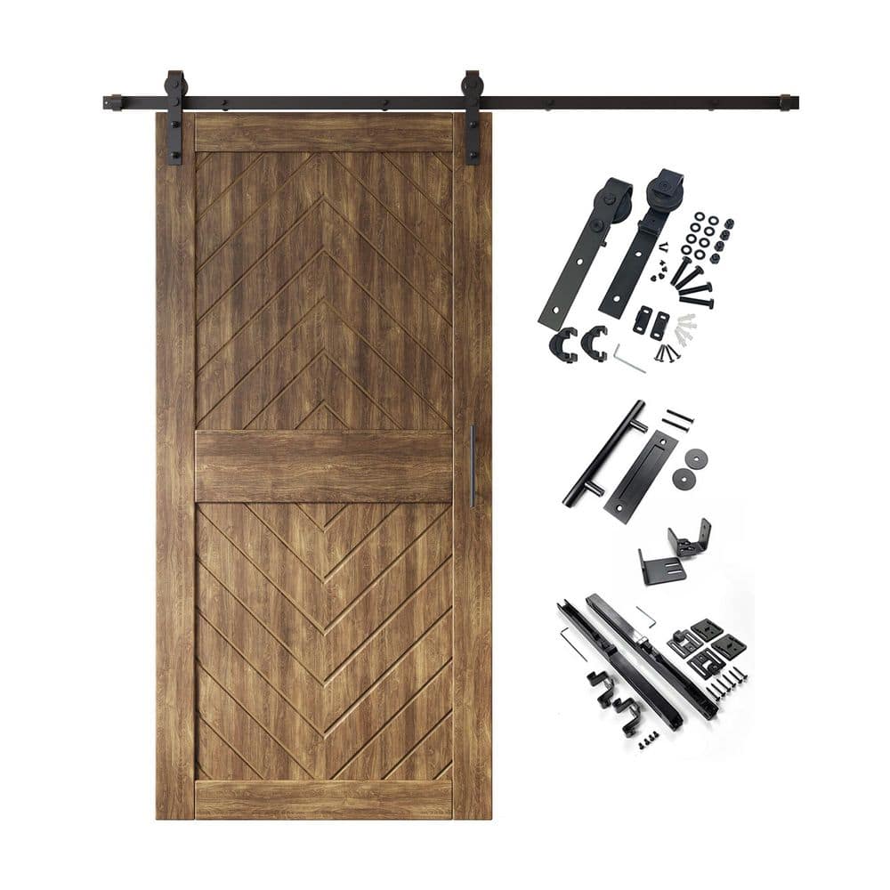 JT2 32 in. x 84 in. C-Panel Dark Walnut Fishbone Design Solid Pine Wood Sliding Barn Door with Hardware Kit price history on PriceWatchPro
