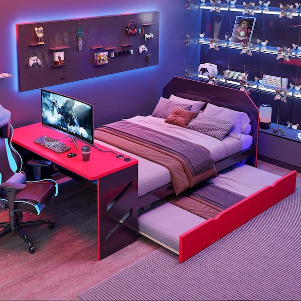 Red Full Size Wood Daybed with Twin Size Trundle, Desk and USB Charging Ports