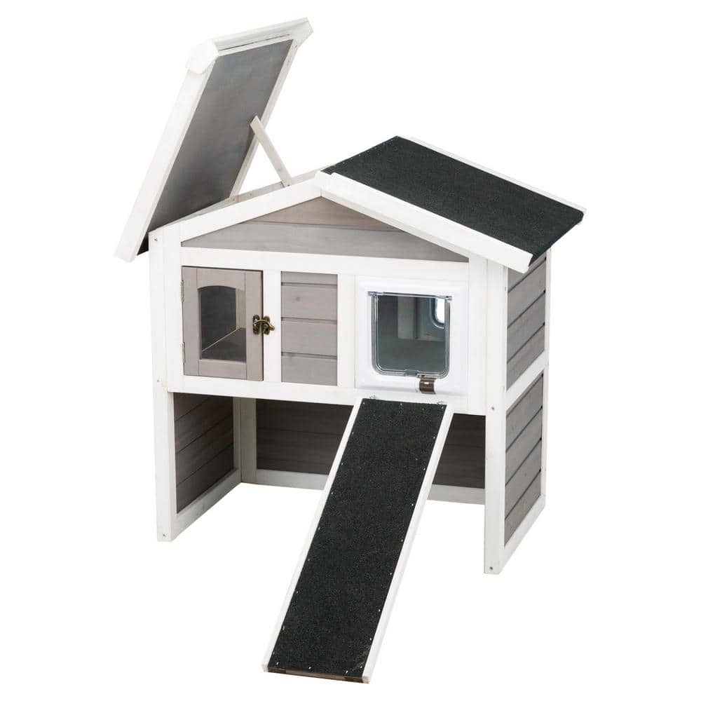 Gray and White 2-Story Insulated Outdoor Cat House with Ramp