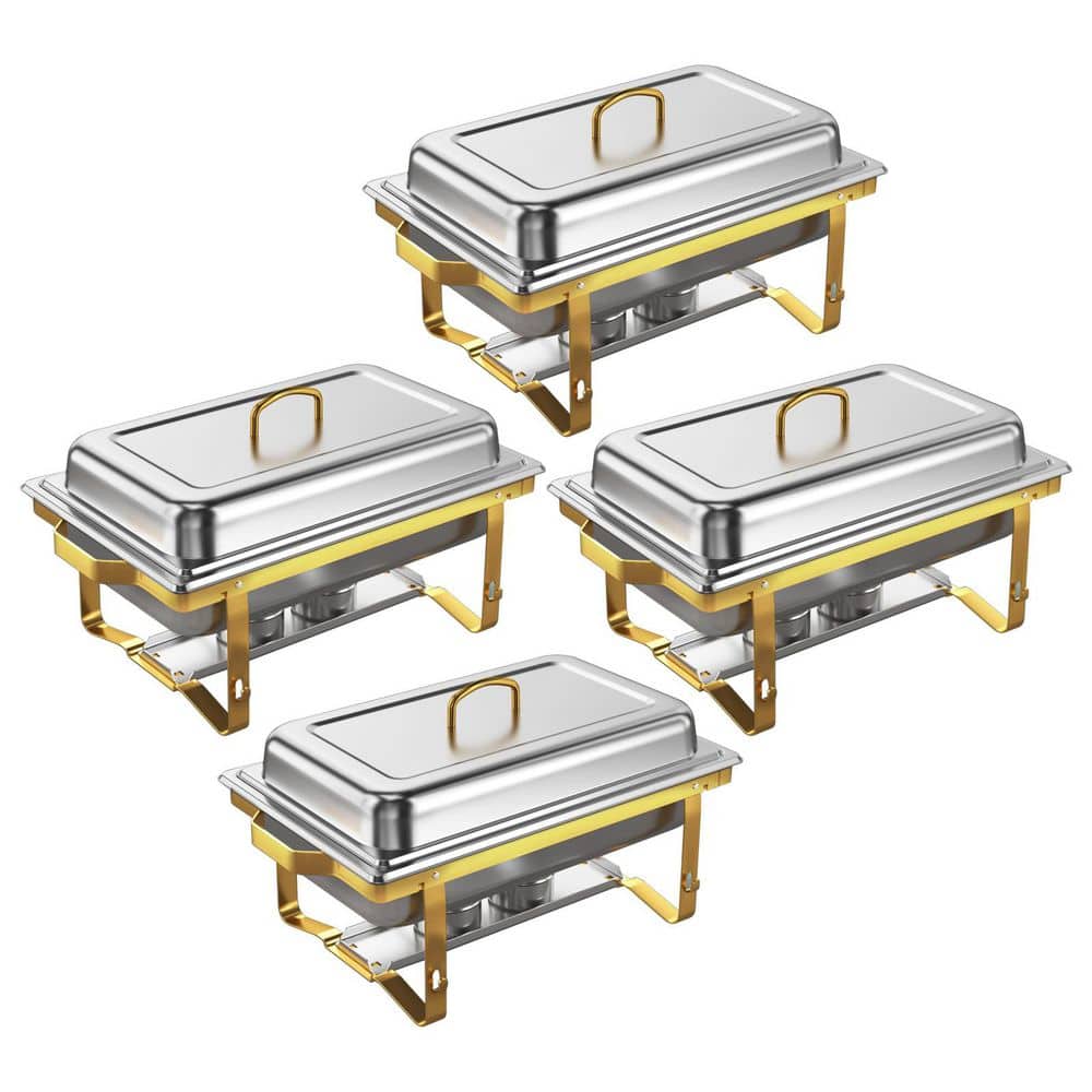 Chafing Dishes Series 9 qt. Golden Stainless Steel Buffet Warmer Set with Foldable Frame Heat Resistant Handle 4 Pack