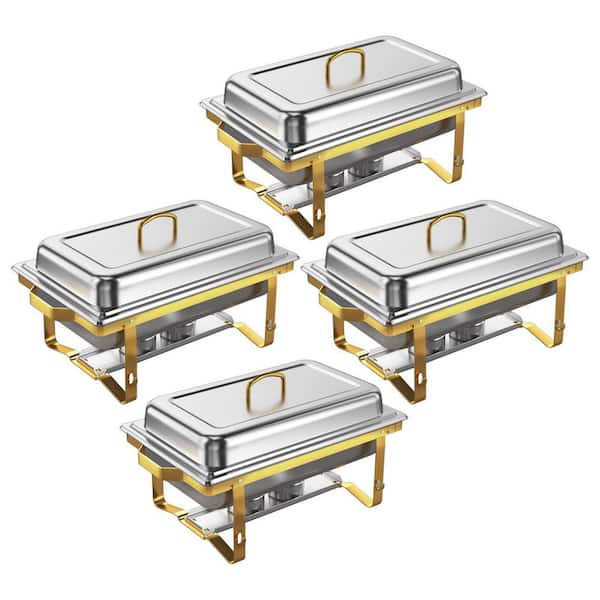 Chafing Dishes Series 9 qt. Golden Stainless Steel Buffet Warmer Set with Foldable Frame Heat Resistant Handle 4 Pack