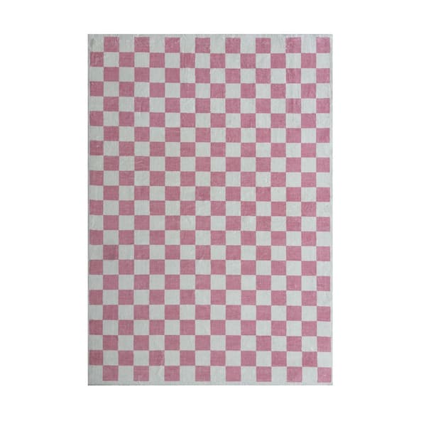 7 ft. x 10 ft. Pink And Off White Checkered Area Rug