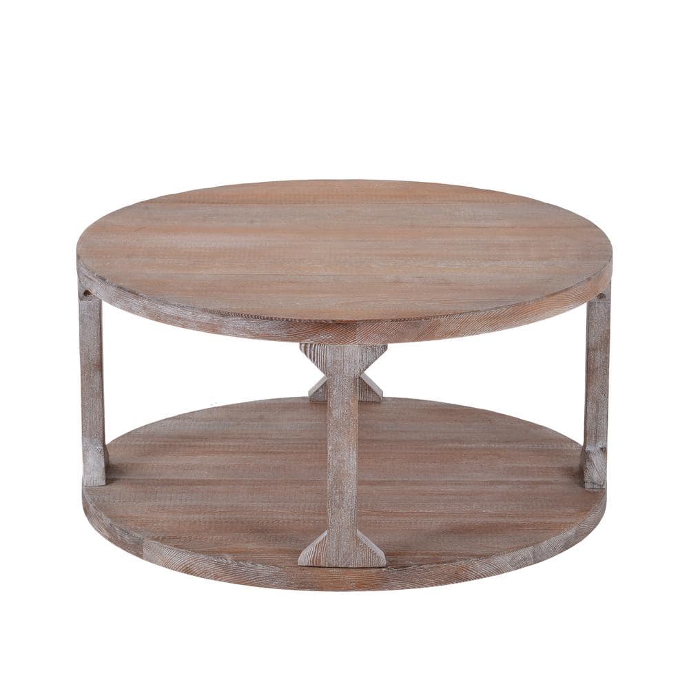 Tatahance 35.4 in. Natural Industrial Syle Solid Wood Round Coffee ...