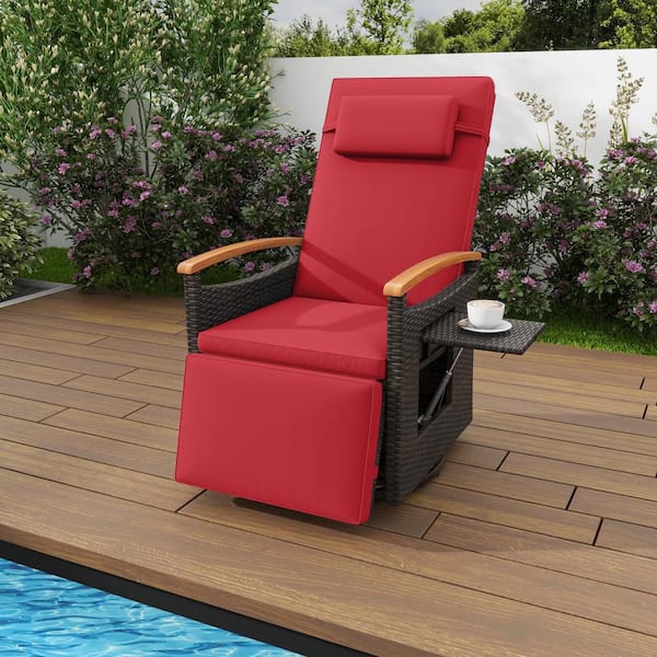 Outdoor 360° Swivel Rattan Recliner Chair Patio Wicker Chaise Lounge Chair Red