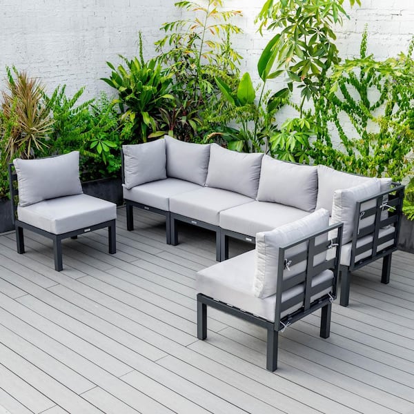 Leisuremod Chelsea Black 6-Piece Aluminum Outdoor Patio Sectional with Light Grey Cushions