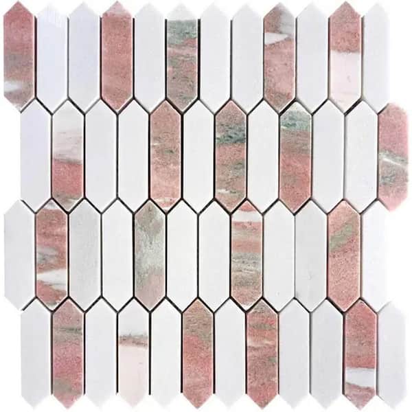 Rosendal 4 in. x 5 in. Pink,White Polished Thassos, Norway Rose Picket Mosaic Marble Wall and Floor Tile Sample