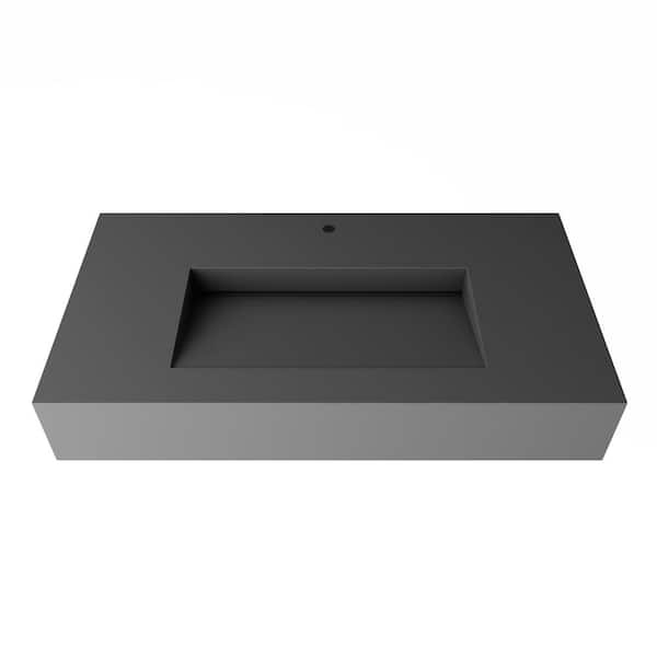 castellousa Pyramid 35.43 in. Wall Mount Solid Surface Single-Basin Rectangle Non Vessel Bathroom Sink in Matte Gray