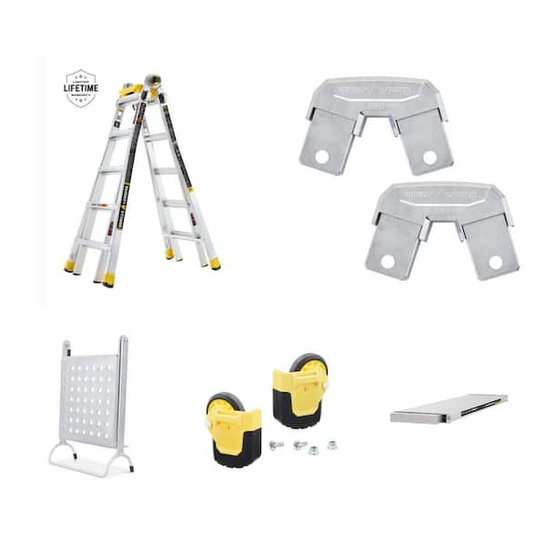 22 ft. Aluminum Ladder, Rail Brackets, Step Platform, Wheel Kit and 6 ft. to 14 ft. Aluminum Work Plank Combo