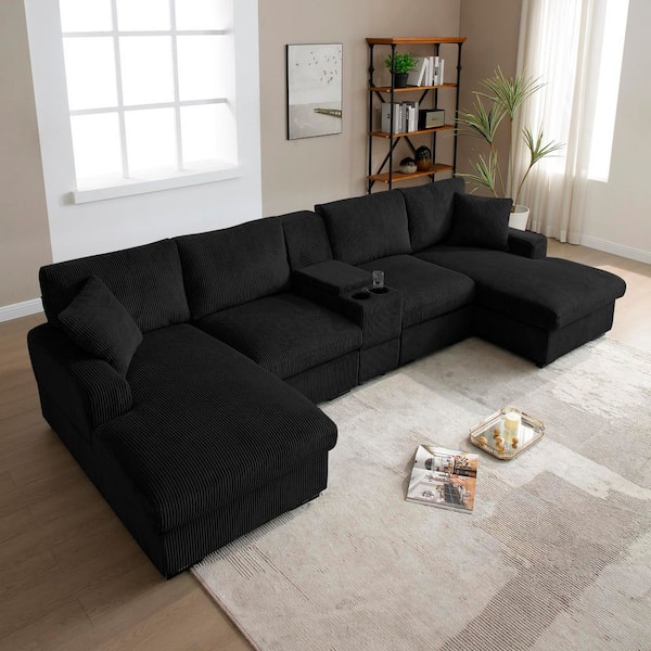 Selene 126 in. Square Arms Corduroy Modular Sectional Sofa in. Black with Storage Console, USB Charging, Cup Holder