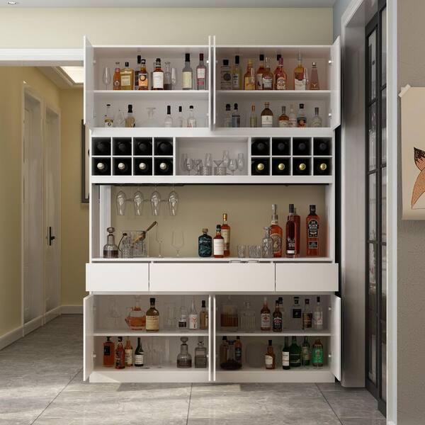 WIAWG 4-in-1 White Wood Wine Cabinet Bar Kitchen Wine Rack With