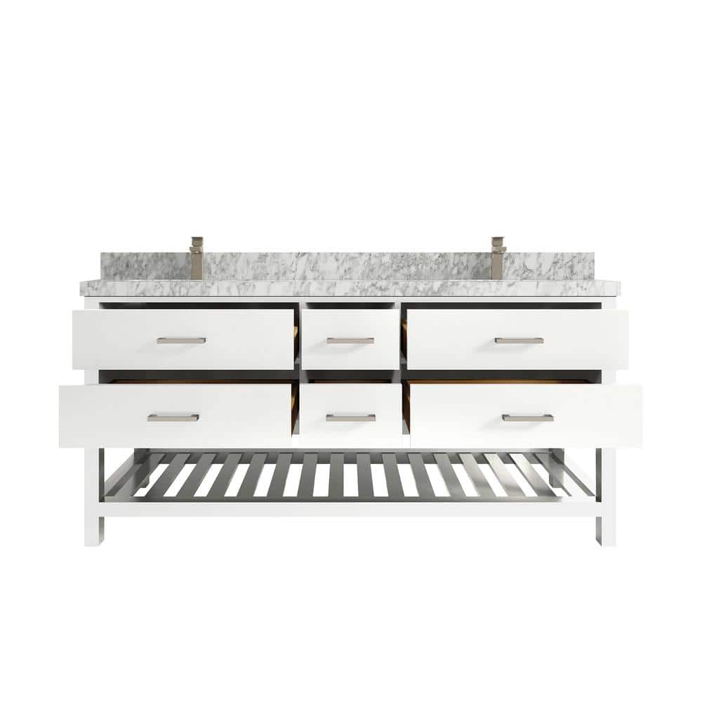 Parker 72" White Solid Wood Double Sink Vanity with Carrara Marble Top