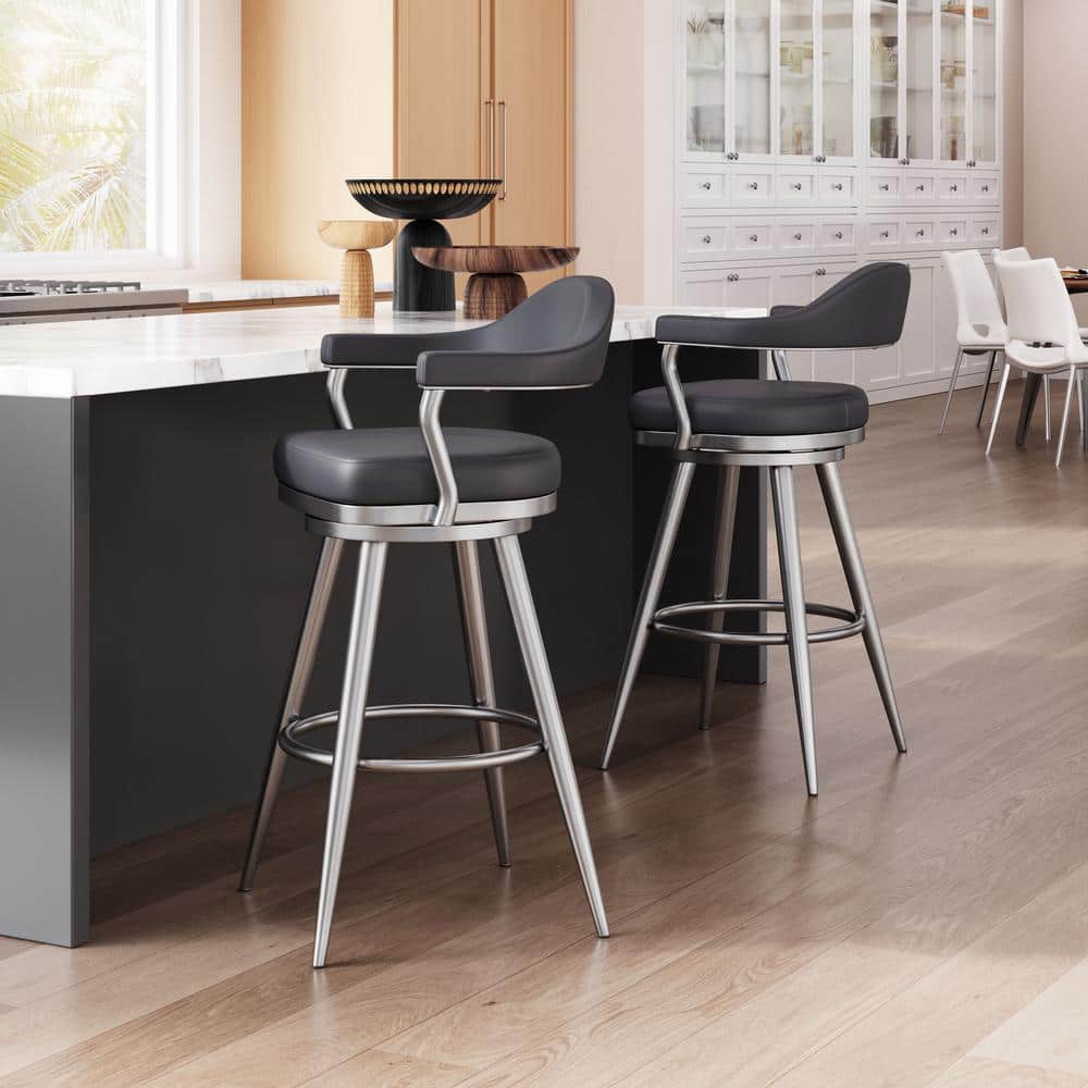 Black Leather and Metal Swivel Counter Stool