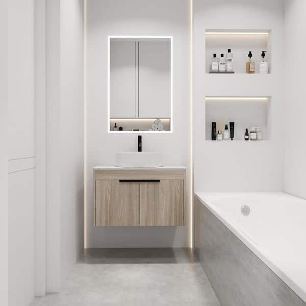 Unbranded 30 in. W x 19 in. D x 24 in. H Single Sink Floating Bath Vanity in White Oak with White Sintered Stone Top