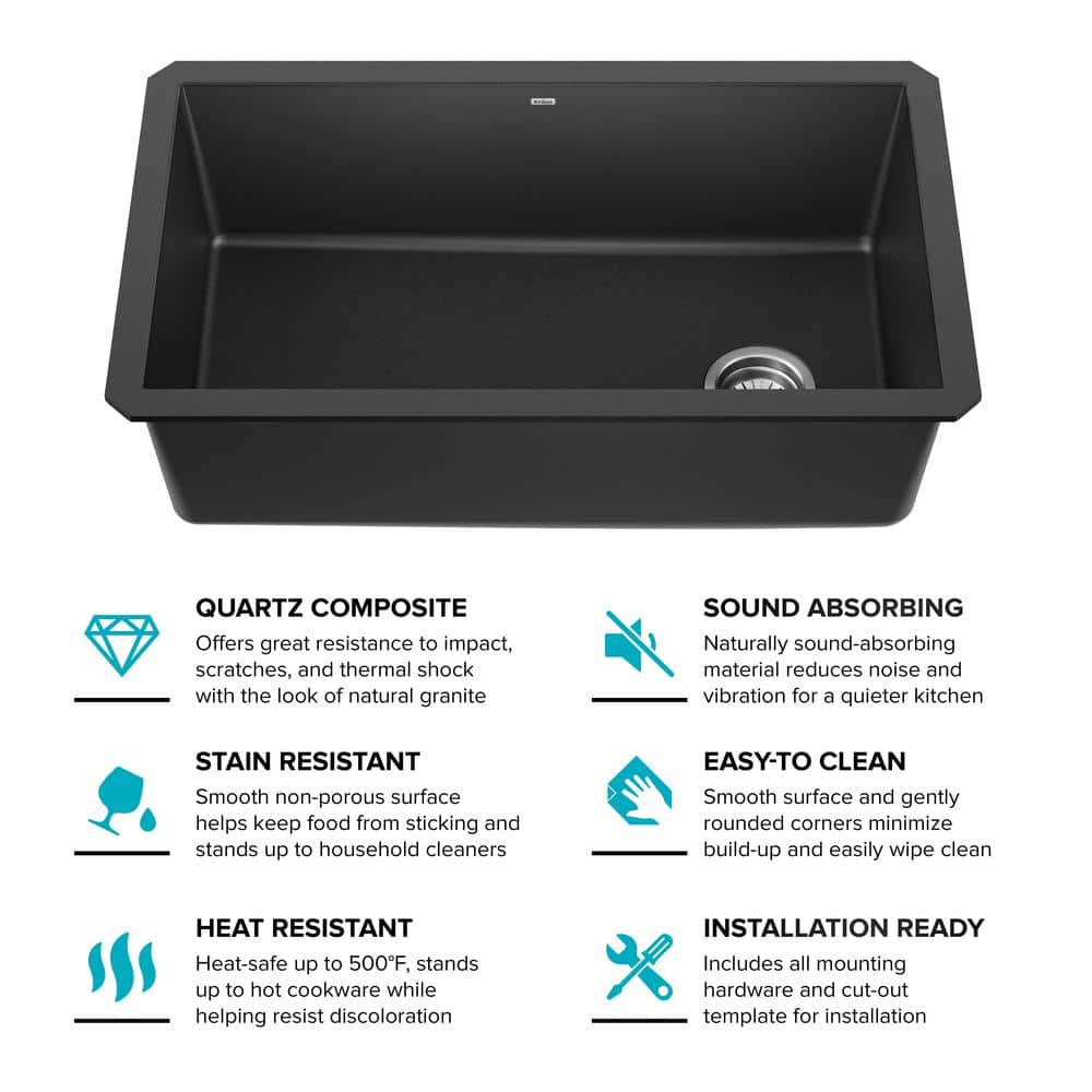 32-Inch Black Granite Undermount Single Bowl Kitchen Sink