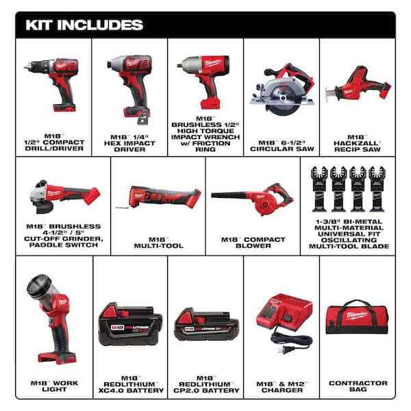 M18 18-Volt Lithium-Ion Cordless Combo Kit 9-Tool with 2-Batteries, Charger and Tool Bag w/ Bi-Metal SAWZALL Blades
