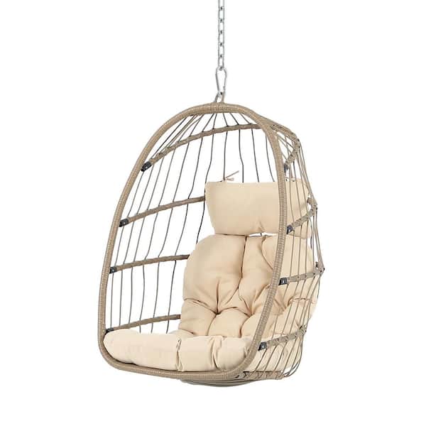 Freestyle Wicker Hanging Egg Chair in Beige with Light Beige Cushions Patio Swing