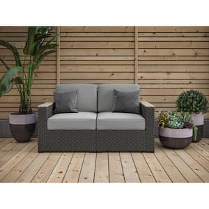 Boca Raton Brown Wicker Rattan Outdoor Loveseat with Gray Cushions