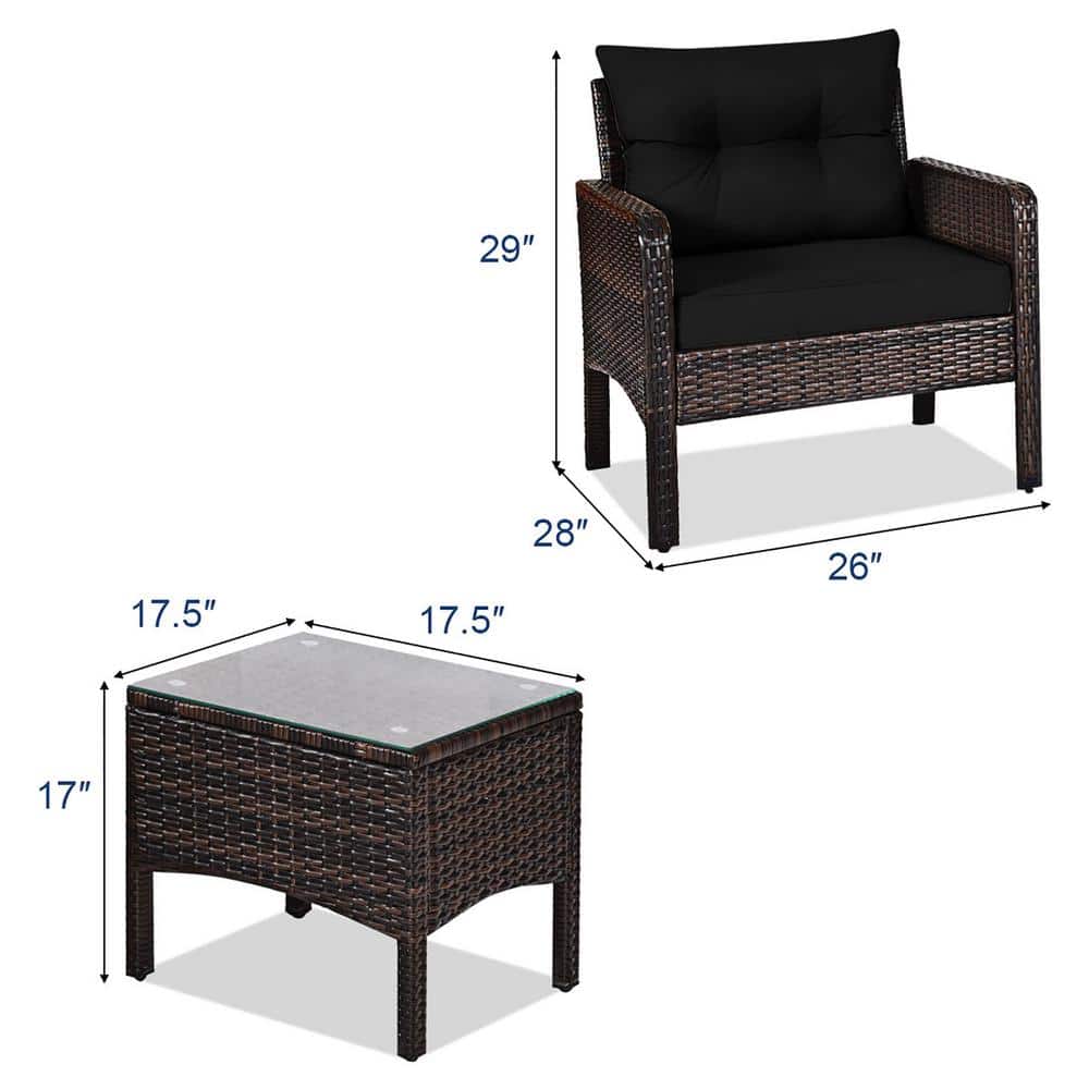 Black 3-Piece Rattan Outdoor Patio Conversation Set